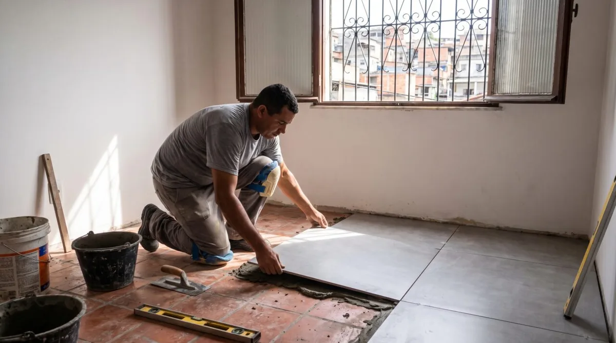 Porcelanato sobre piso antigo exige avaliação da base e ajuste nas portas