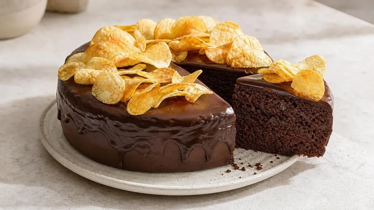 Bolo de chocolate ganha crocância com batata chips na finalização