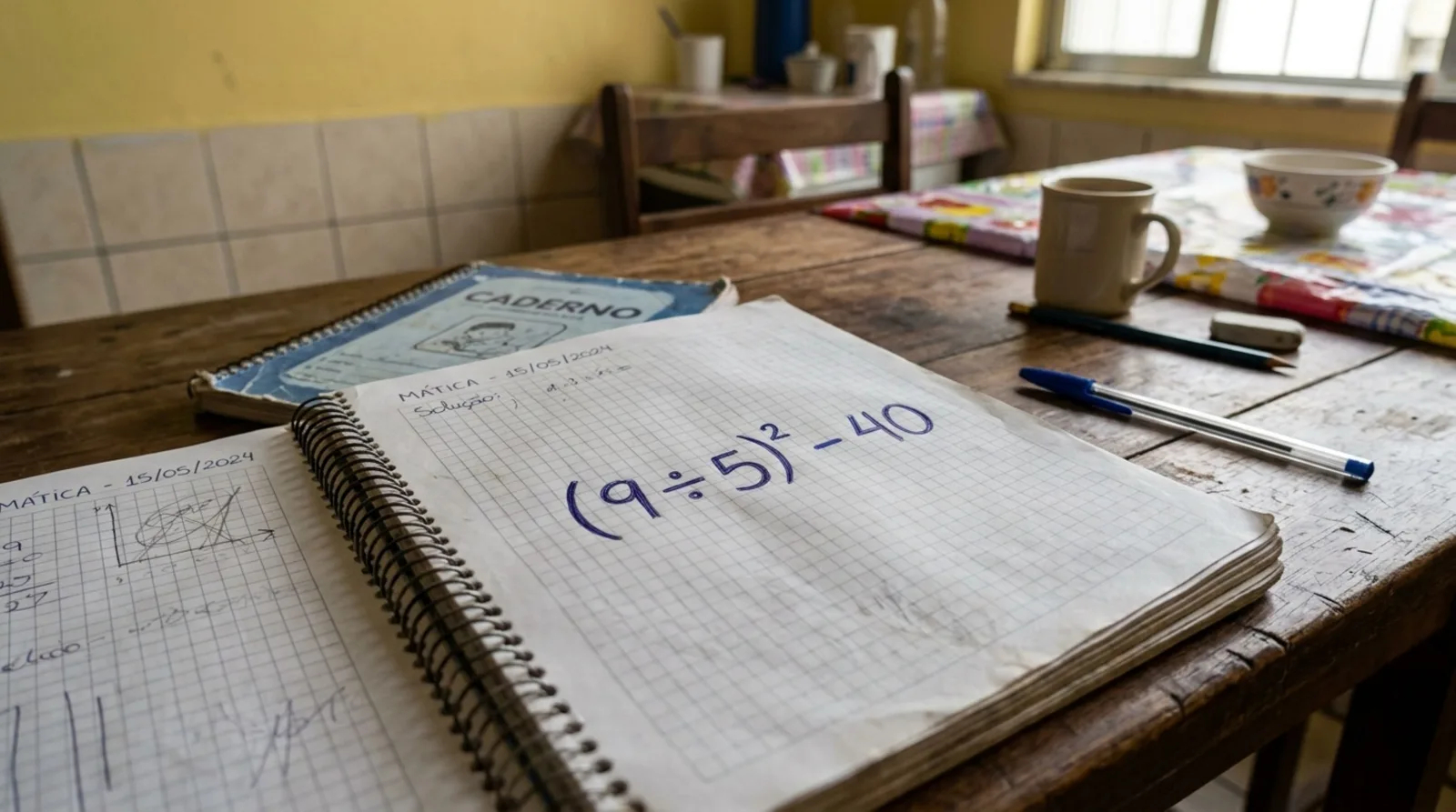 Parênteses definem o resultado de (9 ÷ 5)² − 40