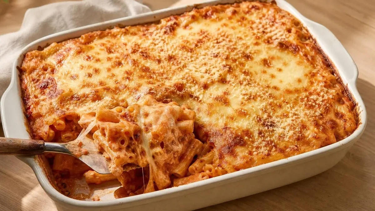 Macarrão gratinado cremoso feito em uma única travessa