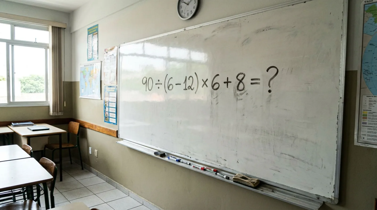 A ordem correta para resolver 90 ÷ (6 − 12) × 6 + 8
