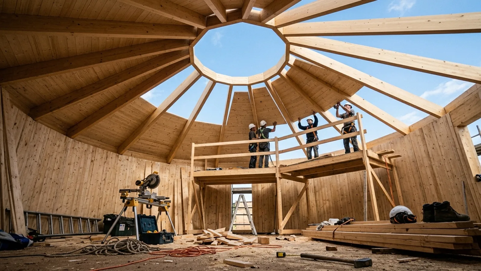 Casa circular de madeira usa peças prontas para acelerar a montagem