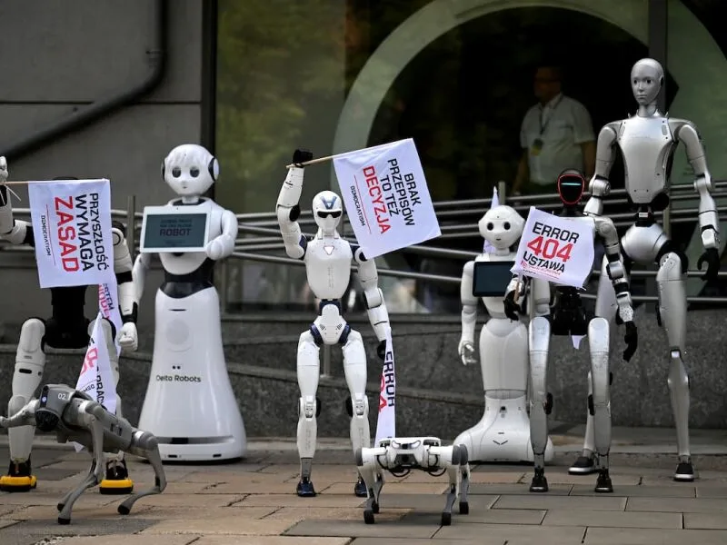Protesto de robôs em Varsóvia cobra proteção para trabalhadores diante da IA