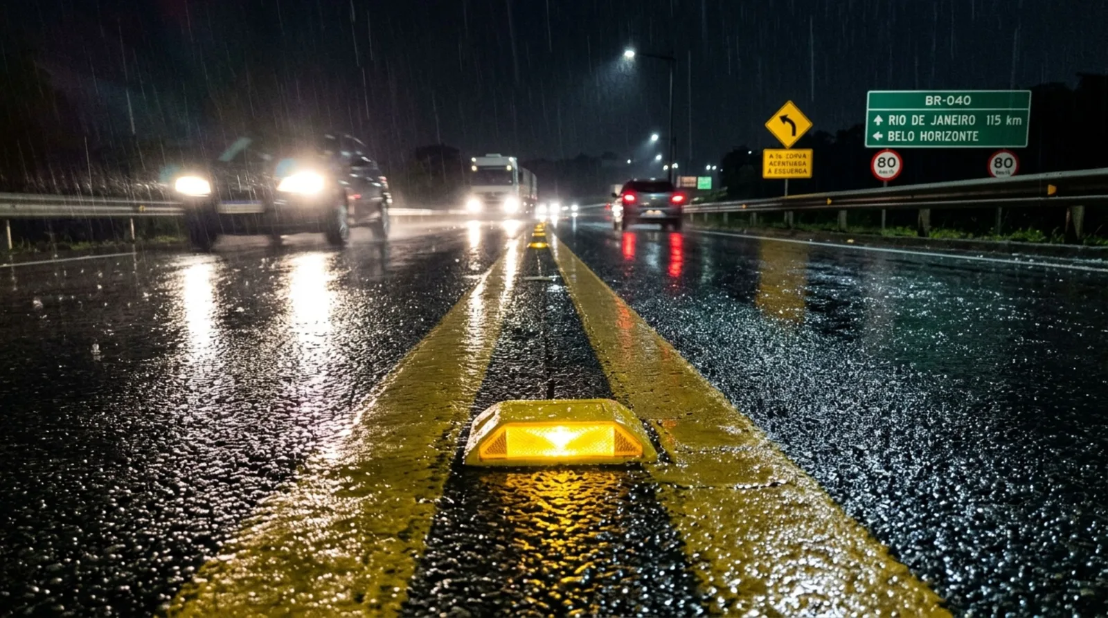 Tachas refletivas ajudam a identificar faixas e curvas no asfalto à noite