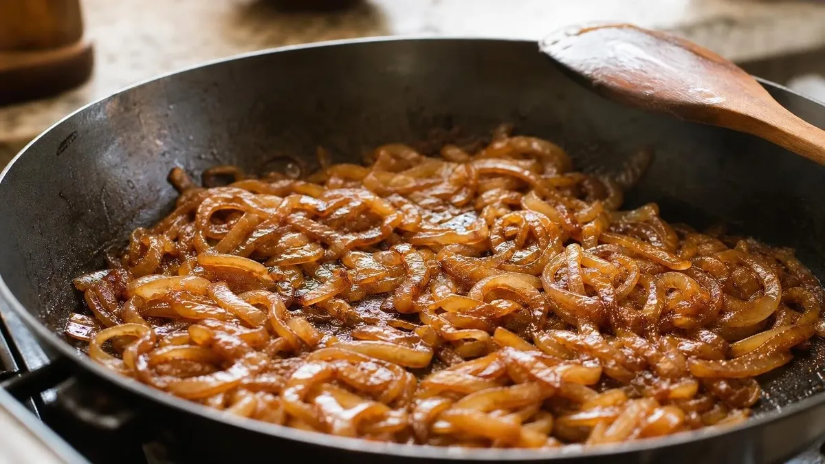 Cebola caramelizada macia e dourada depende de fogo baixo e tempo