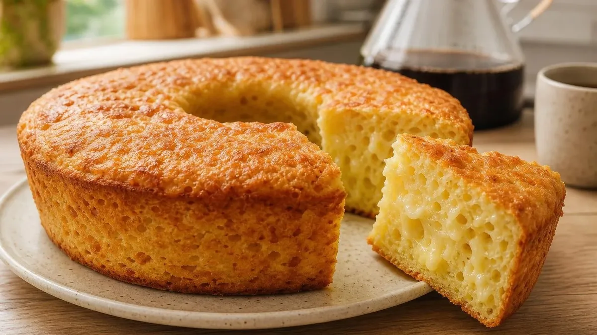 Bolo de pão de queijo assa inteiro na forma e rende fatias macias