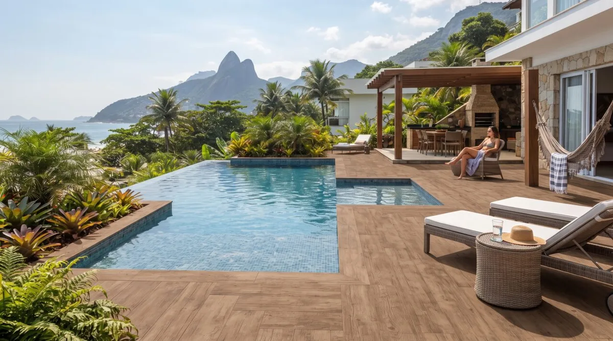 Deck cimentício amadeirado para piscina custa até R$ 18 mil