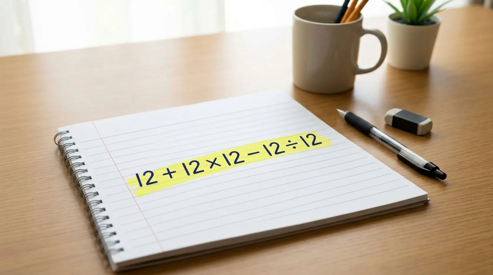 A ordem das operações revela o resultado de 12 + 12 x 12 – 12 ÷ 12