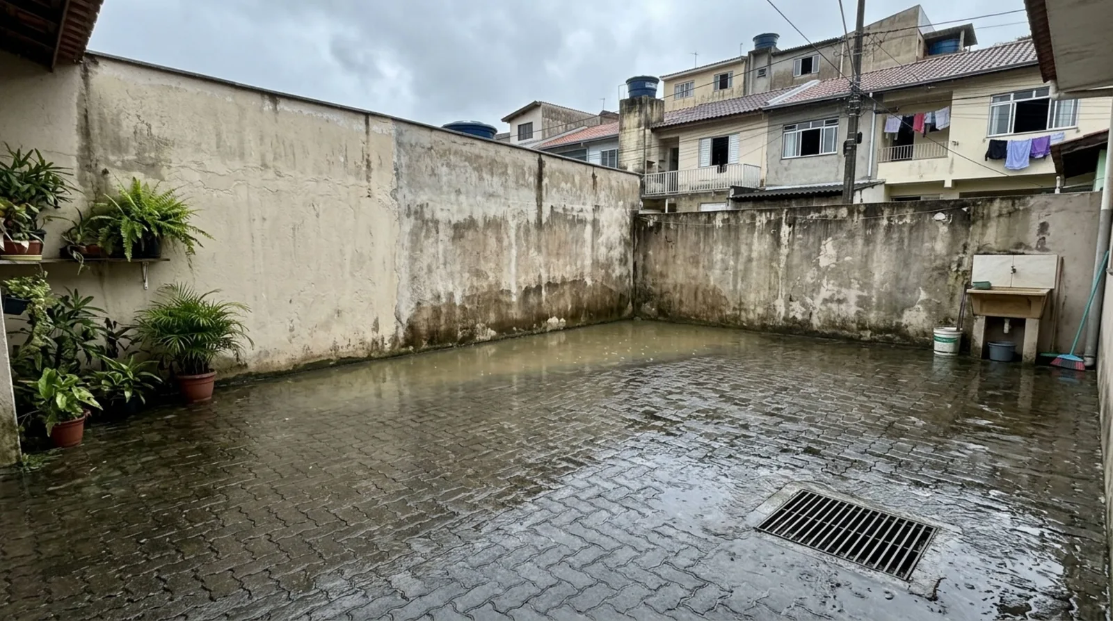 Piso impermeável pode concentrar água e causar umidade junto ao muro