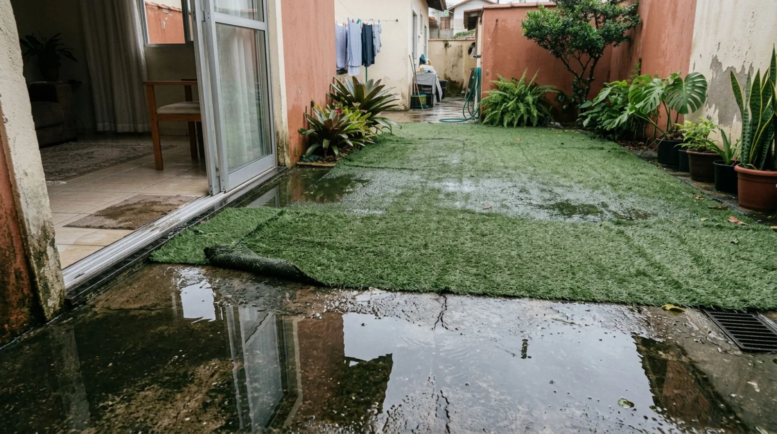 Grama sintética exige drenagem correta para evitar água acumulada no quintal