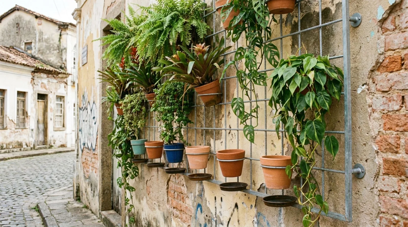 Grade antiga ganha nova função como suporte para jardim vertical